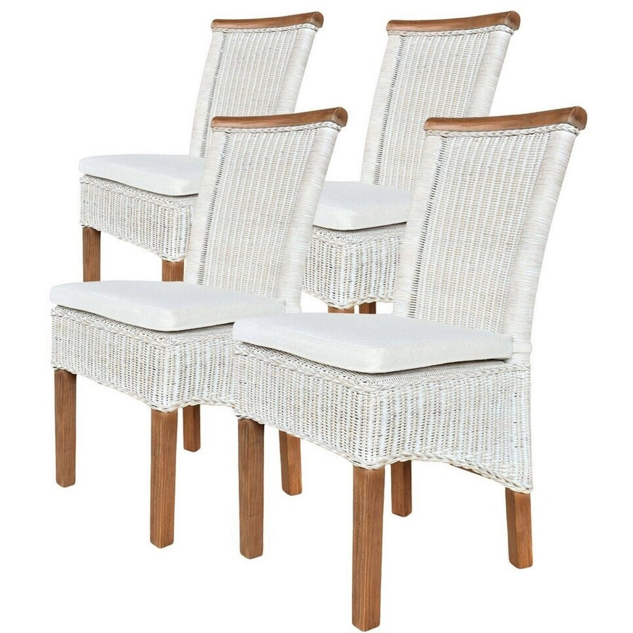 Amagohome Set aus 4 weißen Rattanstühlen Perth - Nachhaltige Esszimmerstühle mit Sitzkissen