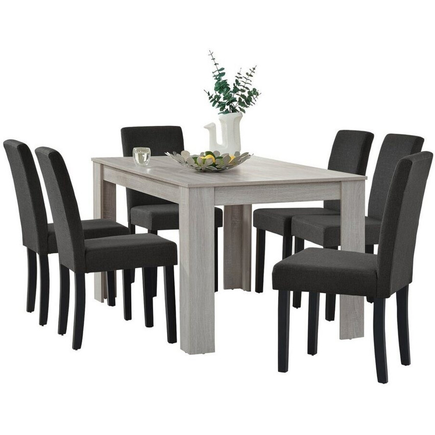 en.casa Kramfors 7-teiliges Essgruppen-Set 140x90 cm - Eiche/Dunkelgrau