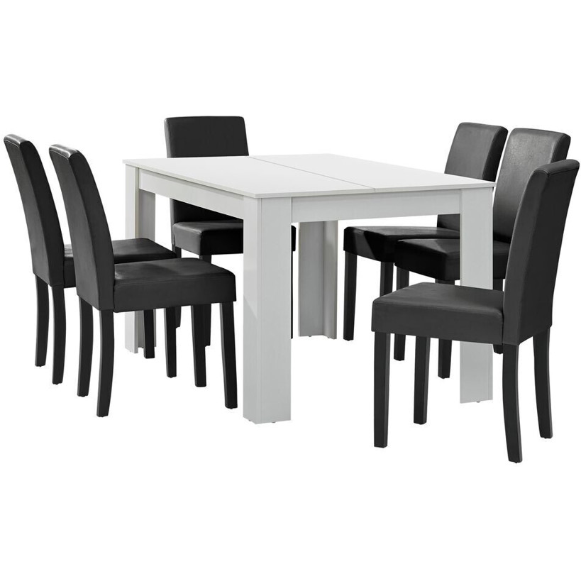 Esstischgruppe "en.casa" – Weiß Matt mit 6 Dunkelgrau Kunstleder Stühlen – 140x90 cm – Esszimmer Möbel