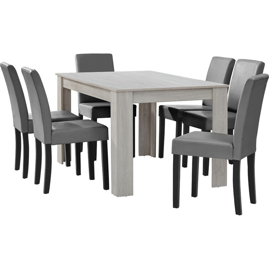 en.casa Forssa 7-teiliges Essgruppen-Set, 140x90 cm, Eiche Weiß/Hellgrau (51966325)