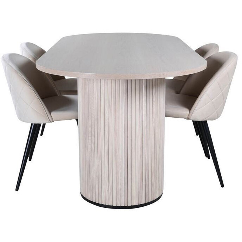 BiancaWW Esstisch aus Eiche Furnier in Weiß (Washed) mit 4 beigen Velours Stühlen