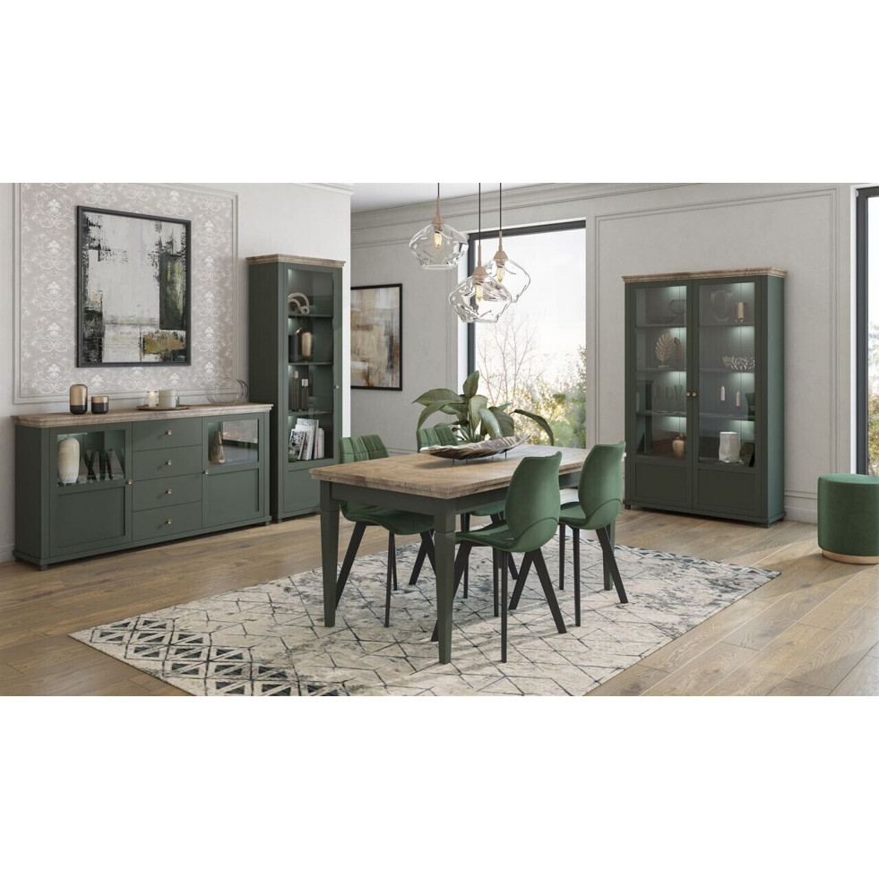 Essgruppen Set HOME - 4-teiliges Esszimmermöbel in Grün und Eiche Lefkas